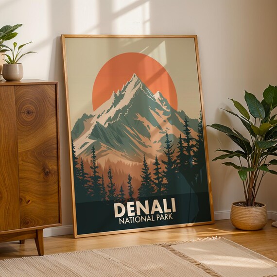Denali National Park Snow Peak Orange Sun Retro Travel Poster