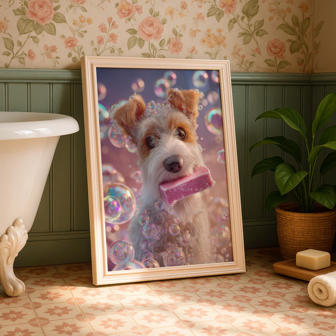 Funny Little Terrier With Bubbles Modern Dog Bathroom Poster