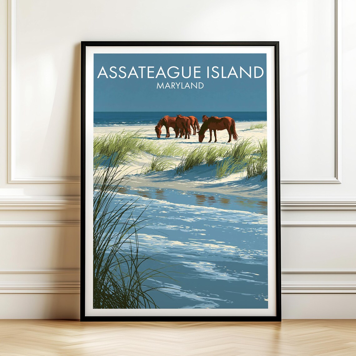 Assateague Island Maryland Wild Horses Beach Vintage Travel Poster