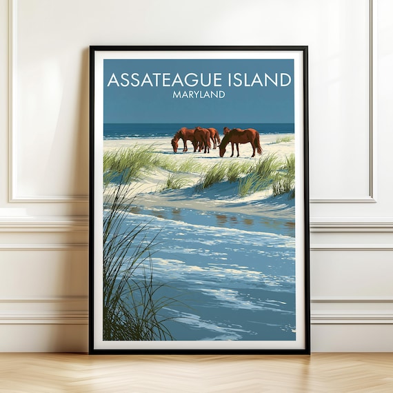 Assateague Island Maryland Wild Horses Beach Vintage Travel Poster
