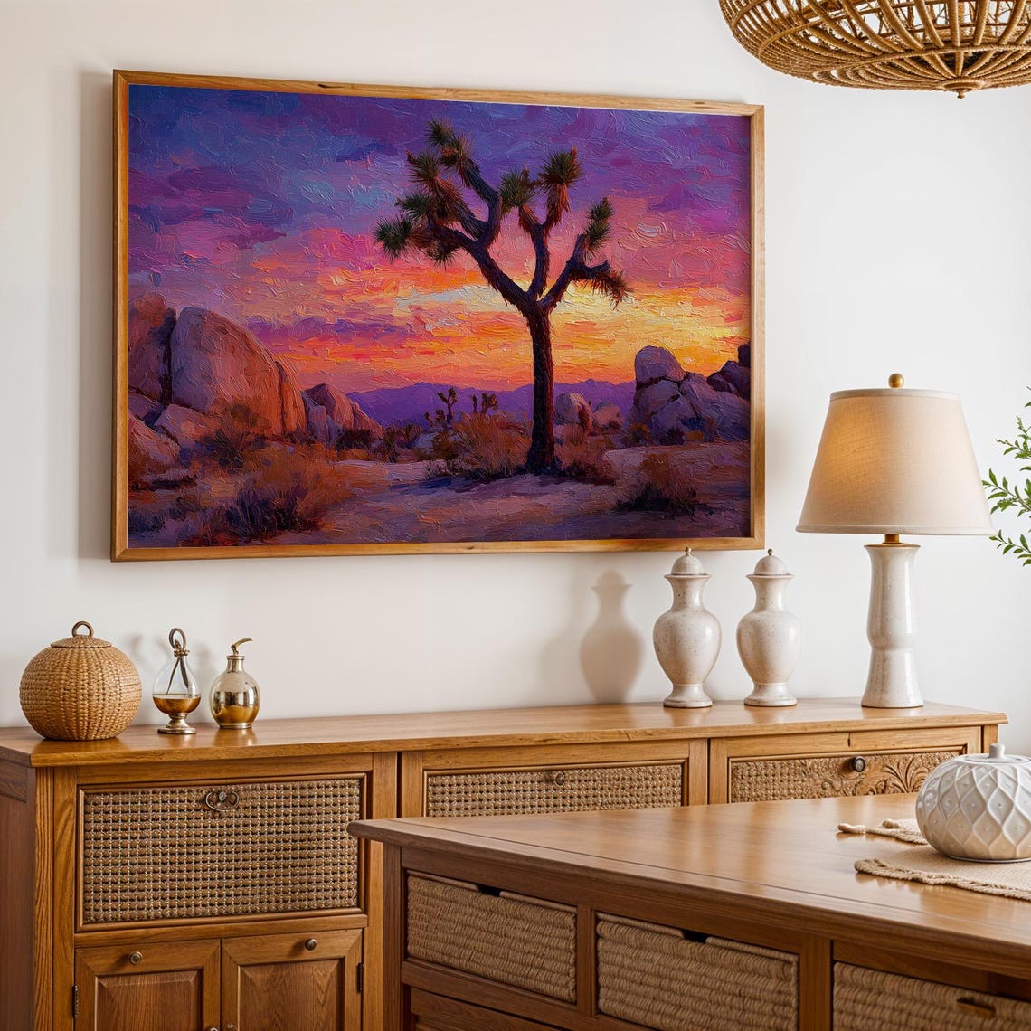 Joshua Tree Desert Sunset Purple Sky Boulder Landscape Poster