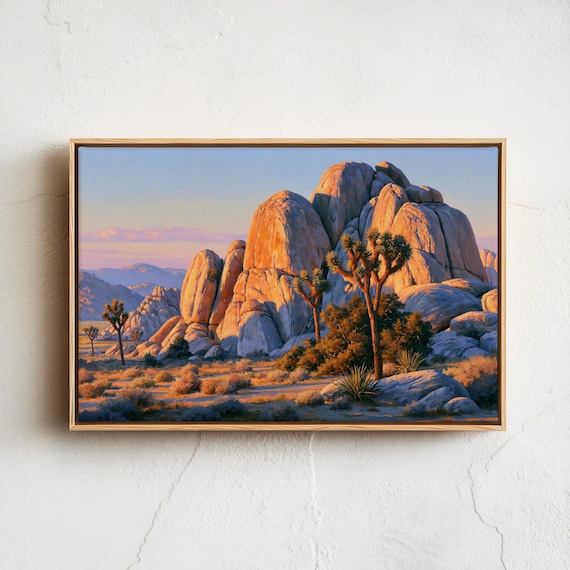 Joshua Trees Among Desert Boulders At Sunrise Landscape Poster