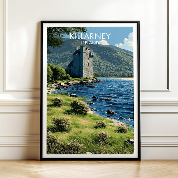 Killarney Ireland Ross Castle Lakeside Mountains Vintage Travel Poster