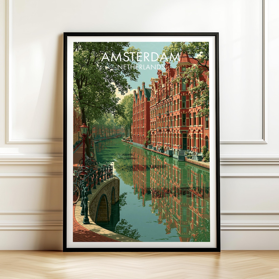 Amsterdam Netherlands Canal Historic Brick Houses Vintage Travel Poster