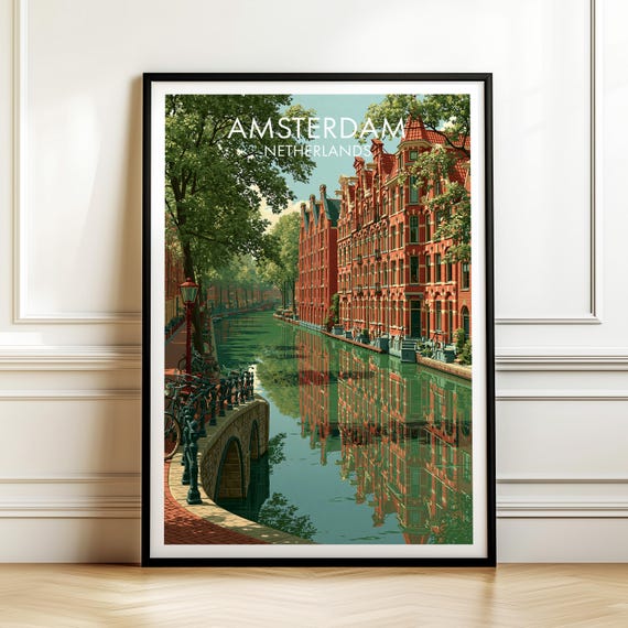 Amsterdam Canal Ring Travel Poster Vintage Netherlands Cityscape Wall Art