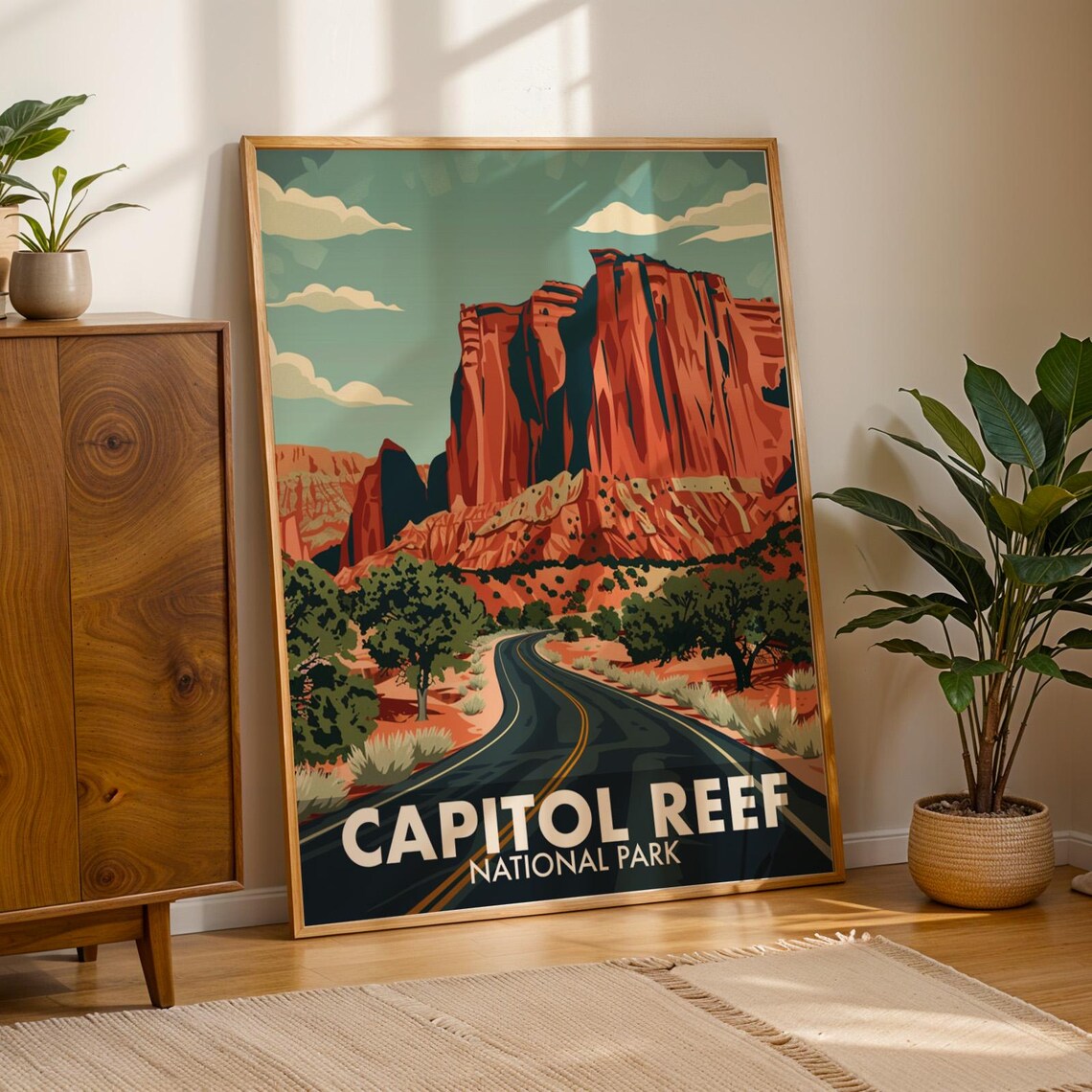 Capitol Reef National Park Poster Midcentury Desert Road Travel Scenic Art