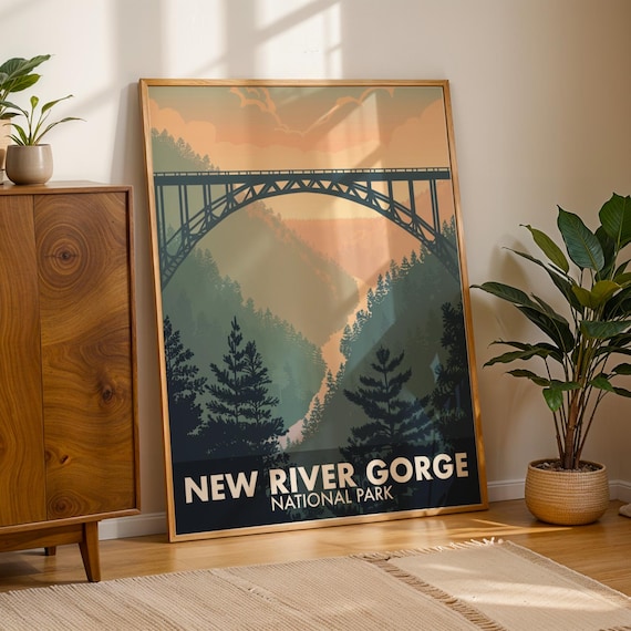 New River Gorge National Park Steel Bridge Retro Travel Poster