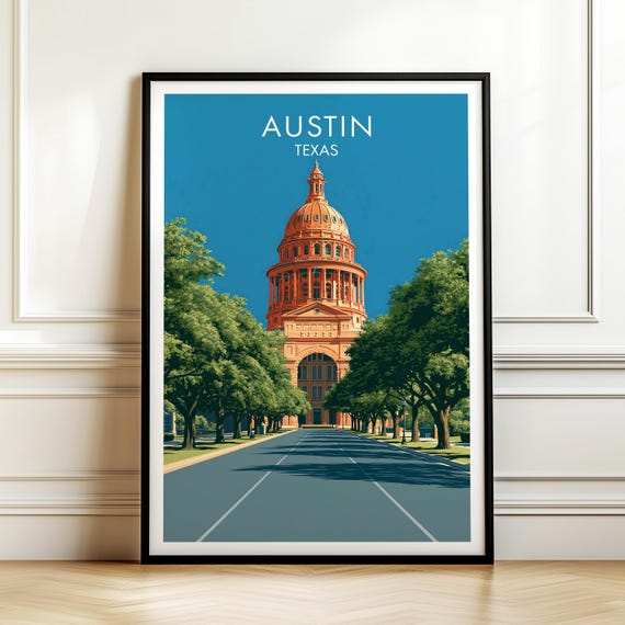 Texas State Capitol Austin Poster Vintage Travel Wall Art Decor Usa Cityscape Print