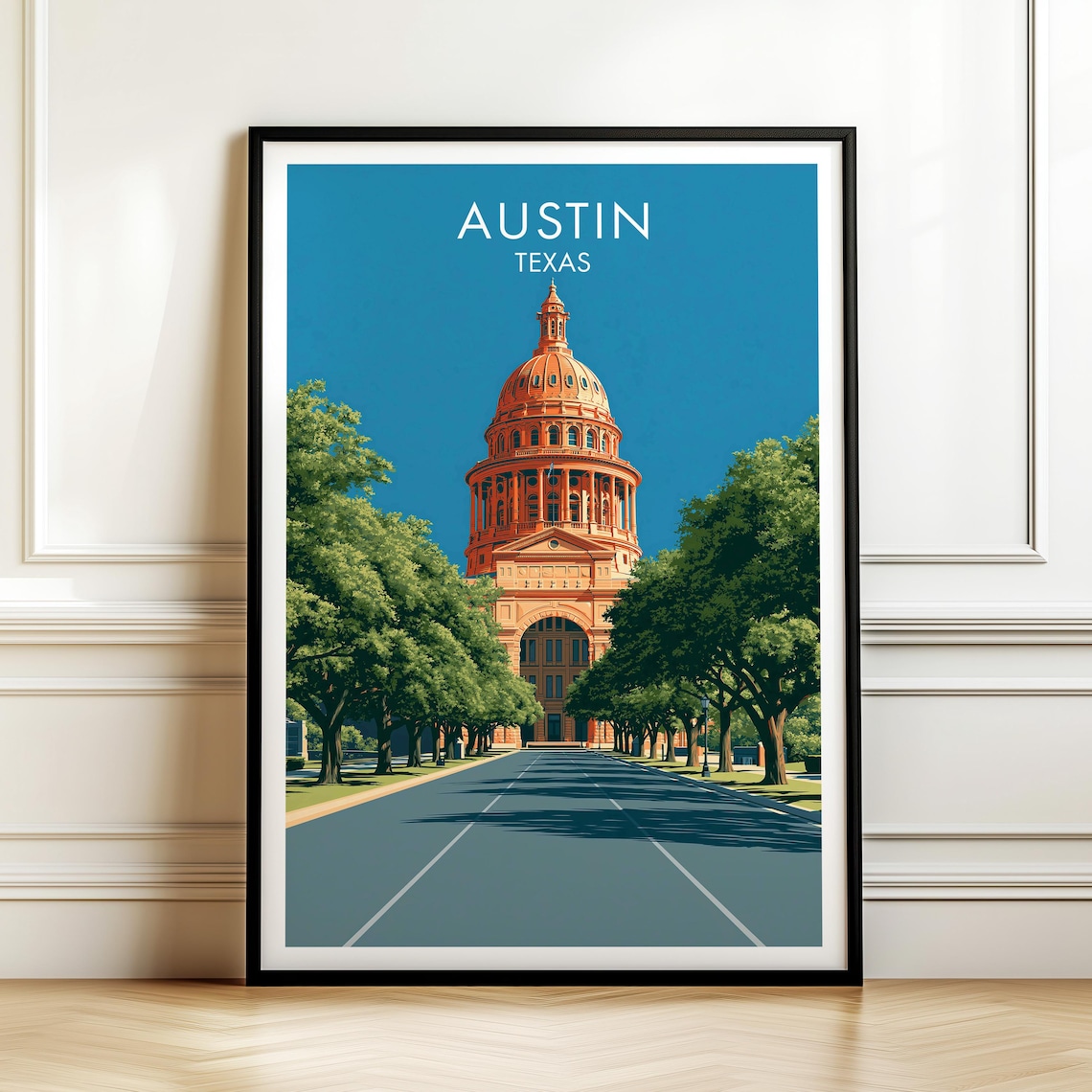 Austin Texas State Capitol Dome Tree Lined Street Vintage Travel Poster