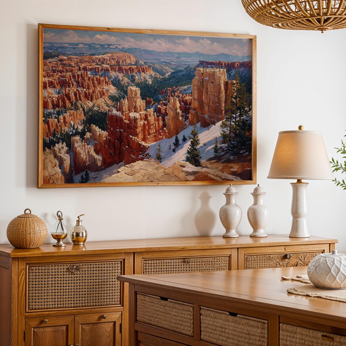 Bryce Canyon National Park Red Hoodoos Snow Oil Painting Poster