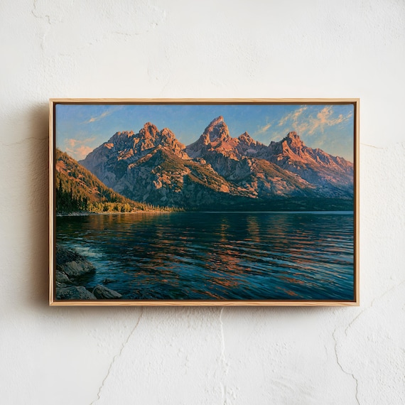 Jagged Mountain Peaks Mirrored In Still Lake Golden Hour Poster