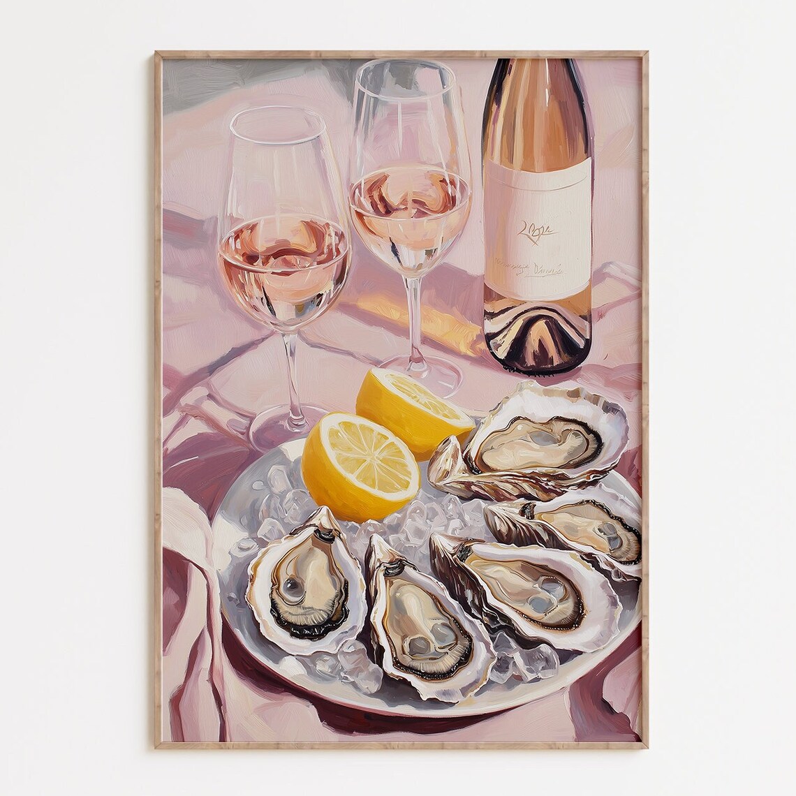 Oysters and Rose Wine Pastel Still Life Kitchen Impressionist Wall Art