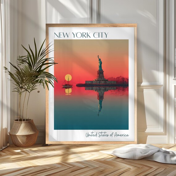 New York City Statue of Liberty Sunset Harbor Retro Travel Poster