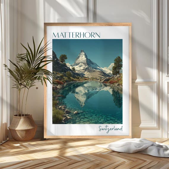 Matterhorn Switzerland Alpine Lake Reflection Vintage Travel Poster