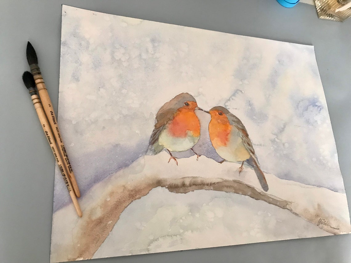 Two European Robins on a Snowy Branch Winter Watercolor Poster - Image 6
