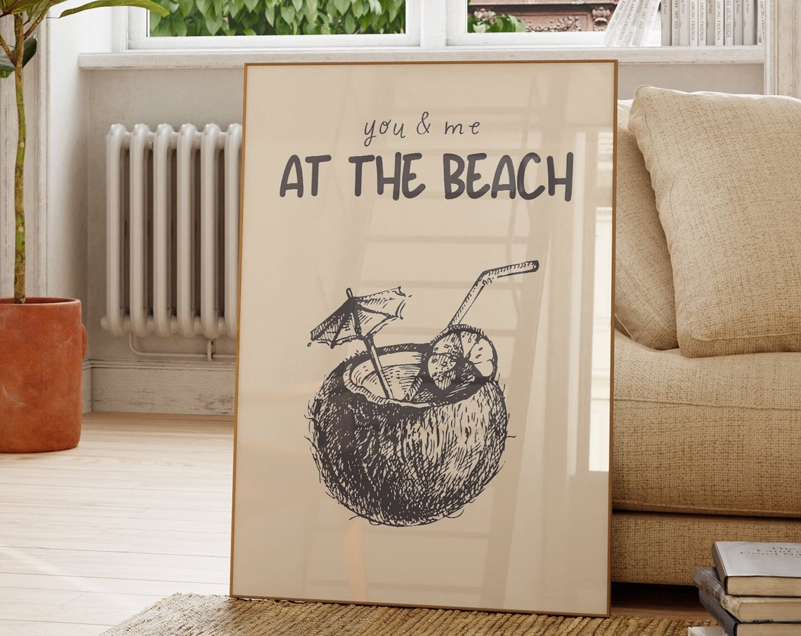 You and Me at the Beach Coconut Drink Sketch Summer Decor Poster