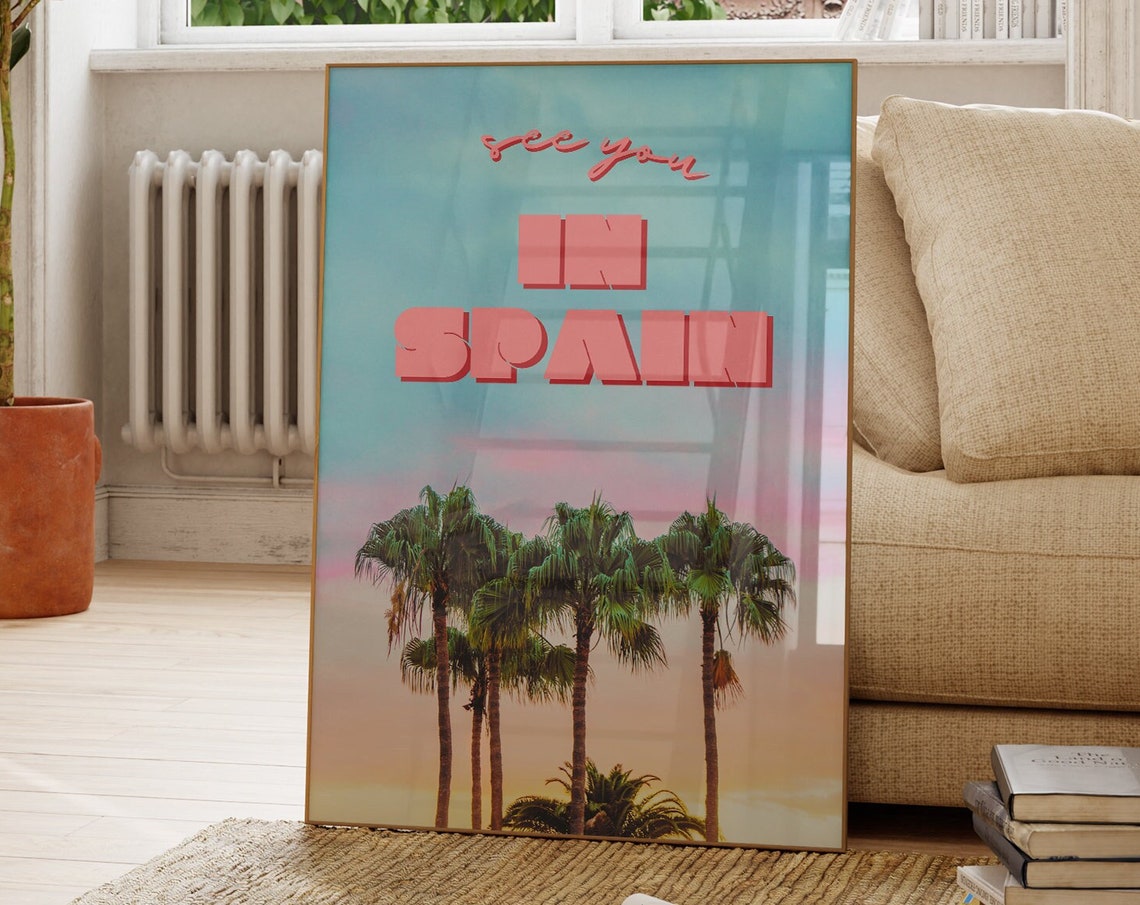 Spain Palm Tree Travel Poster Retro Pink Typography Print Tropical Pastel Decor Wall Art For Home Office Or Gift Idea - Image 2