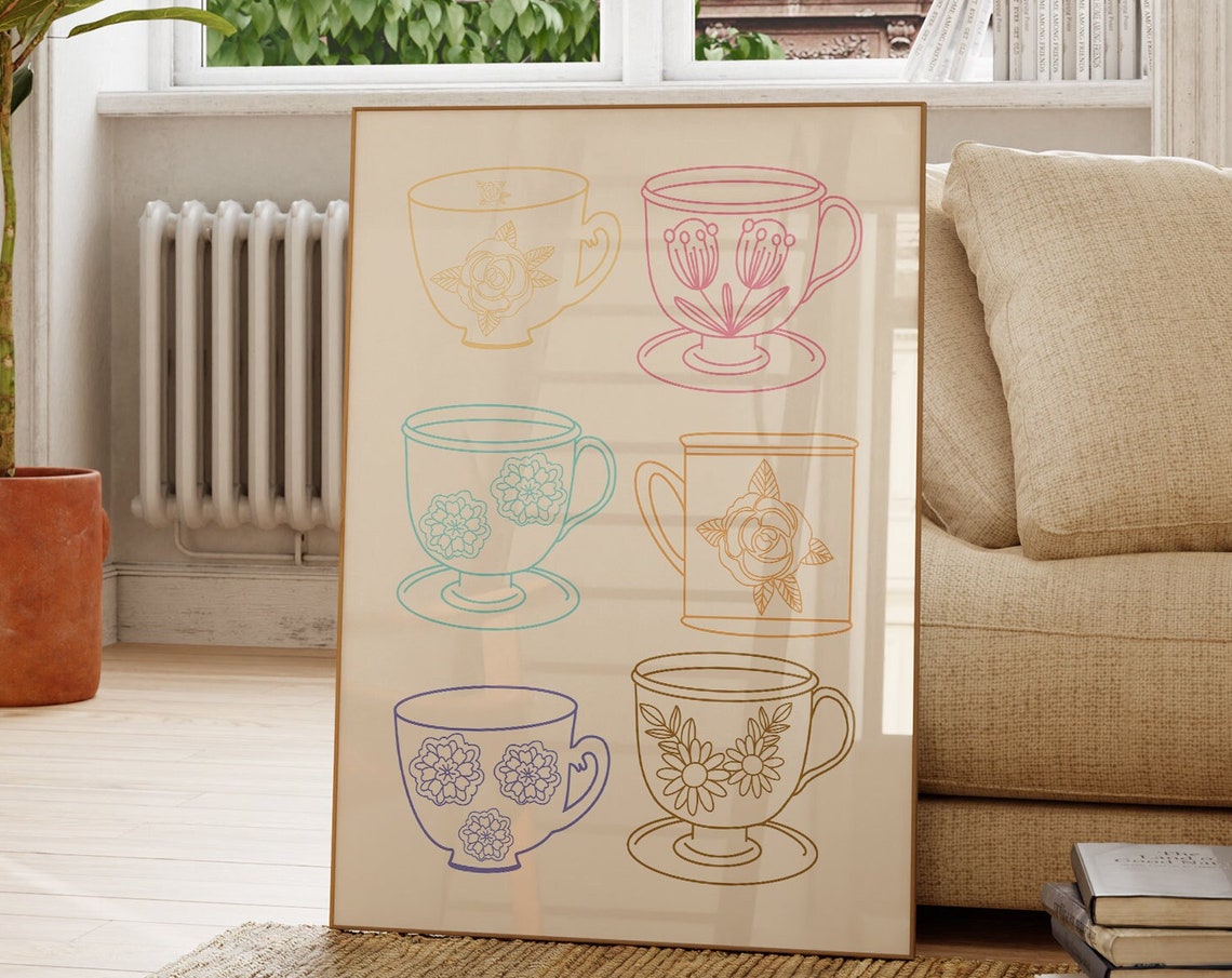 Six Floral Teacups Pastel Line Art Vintage Tea Set Kitchen Poster - Image 2