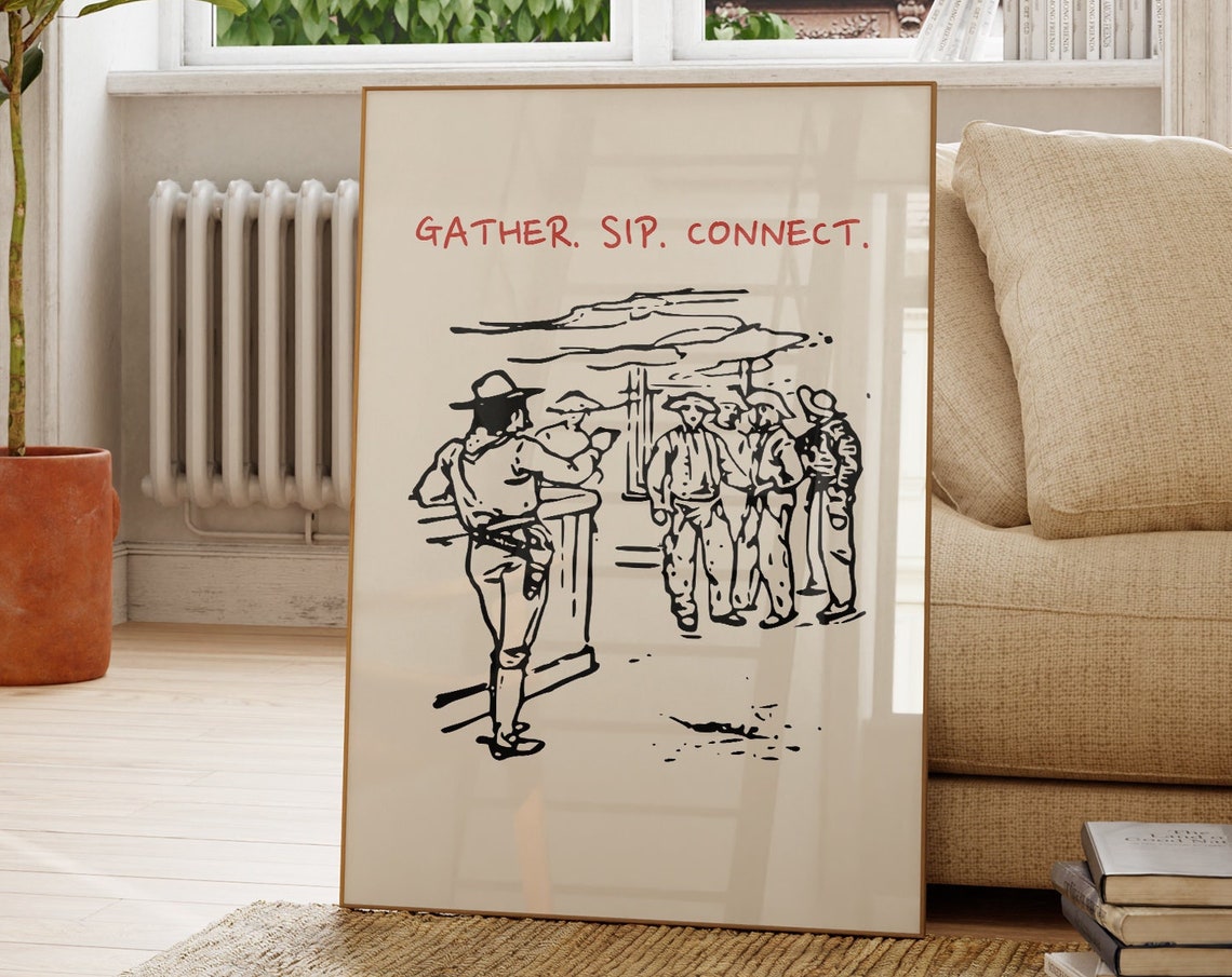 Gather Sip Connect Vintage Western Saloon Bar Scene Wall Poster - Image 2