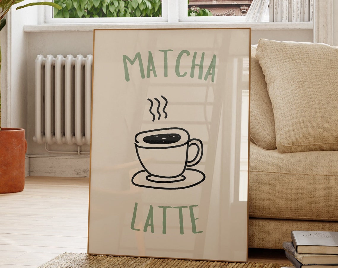 Matcha Latte Sage Green Hand Lettered Cup Sketch Kitchen Poster