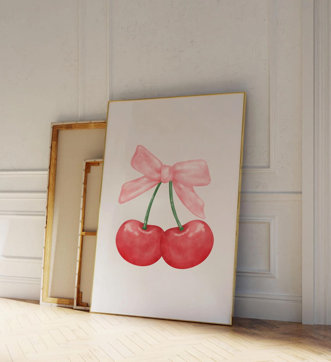Sweet Cherries With Pink Bow Watercolor Coquette Style Poster - Image 4