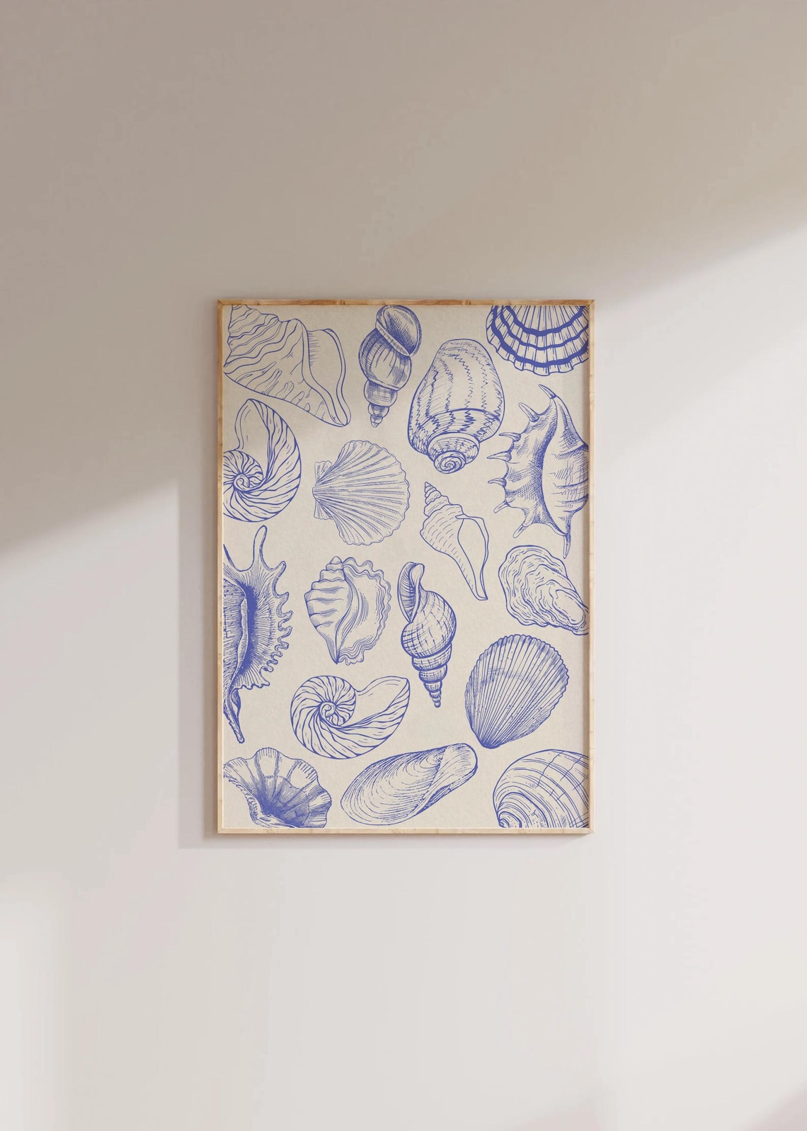 Blue Sea Shells Vintage Line Art Coastal Poster