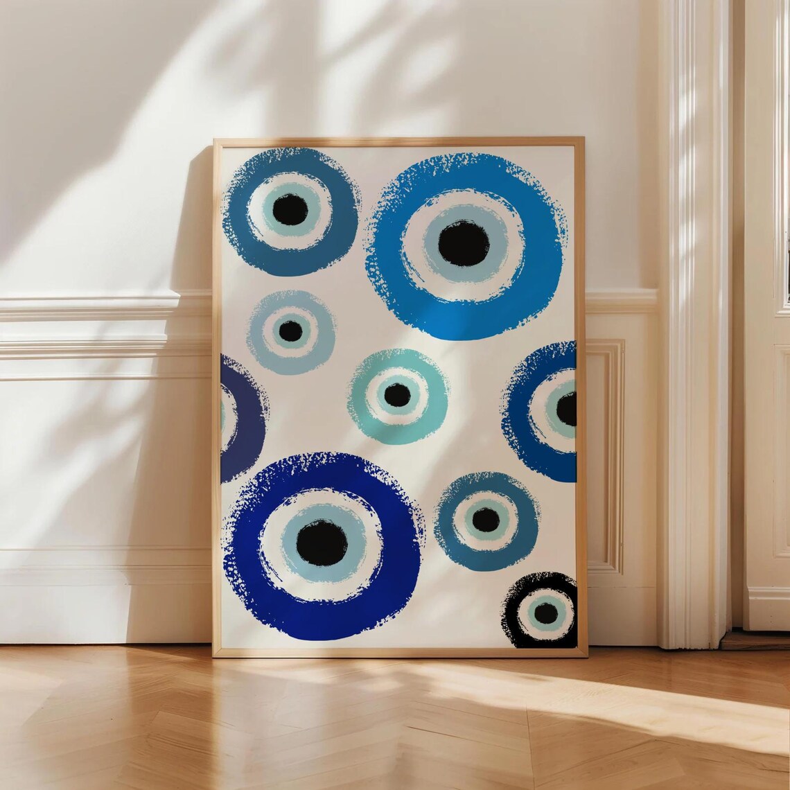 Blue Evil Eye Nazar Protection Symbols Scattered White Wall Art