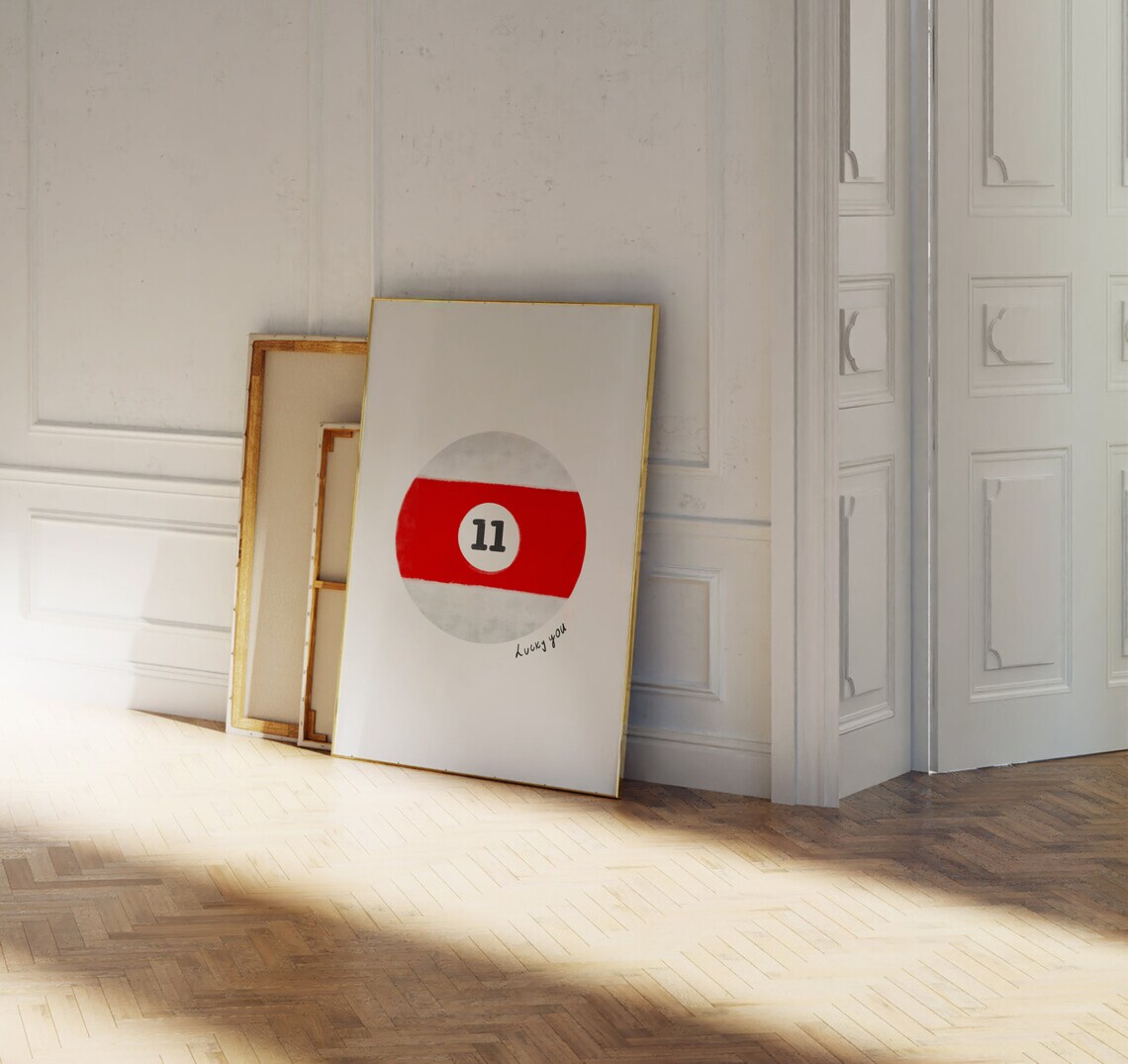 Lucky You Number 11 Red Pool Ball Hand Drawn Trendy Retro Wall Art - Image 3