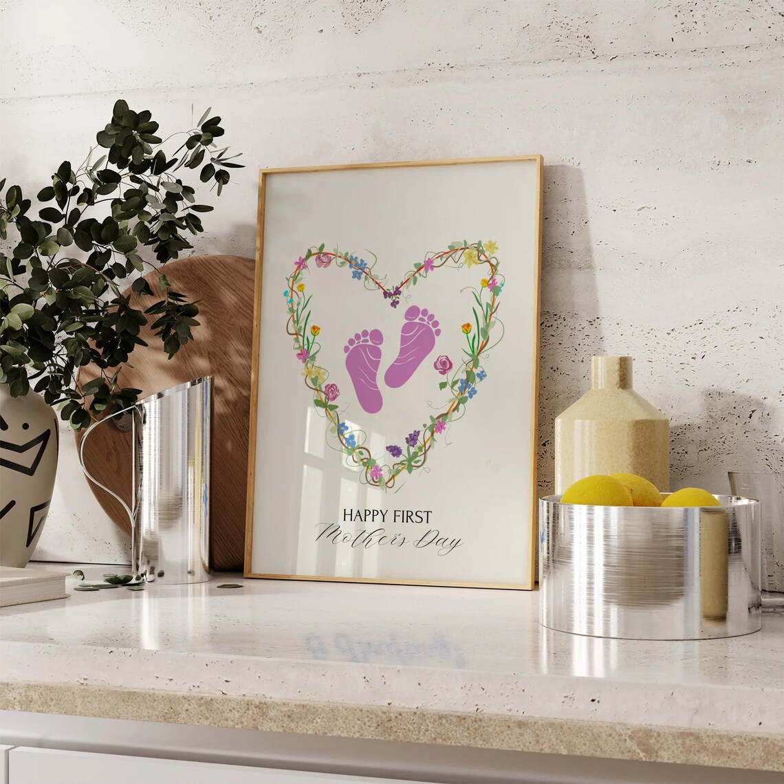 Happy First Mother's Day Baby Footprint Floral Heart Keepsake Poster - Image 2