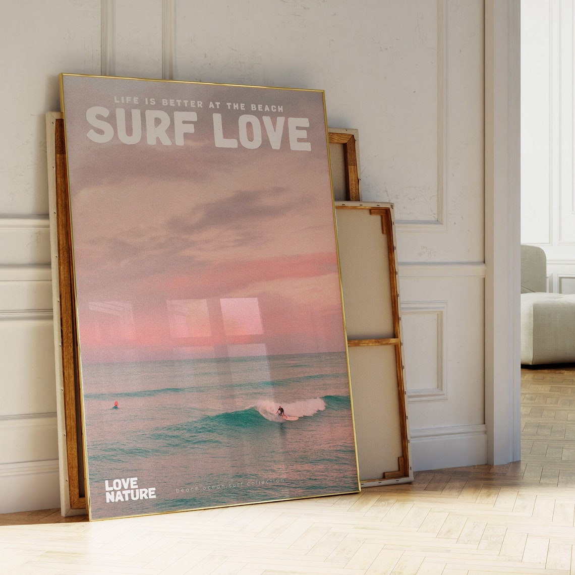 Surf Love Pink Sky Surfer Riding Wave Ocean Sunset Beach Poster