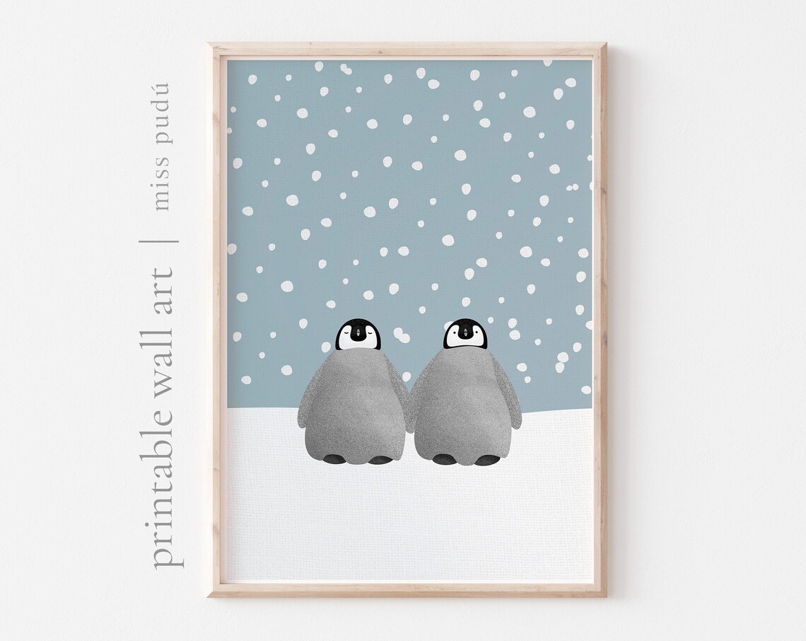 Emperor Penguins Winter Illustration Art Print, Nursery Decor