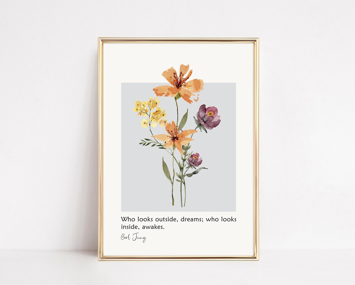 Carl Jung Who Looks Outside Dreams Watercolor Floral Quote Poster