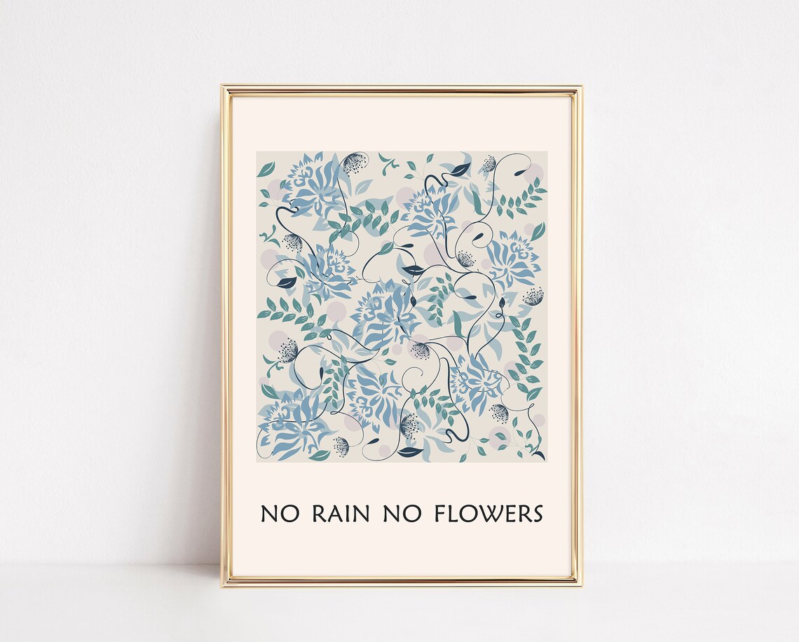 No Rain No Flowers Blue Botanical Floral Pattern Inspirational Poster - Image 3