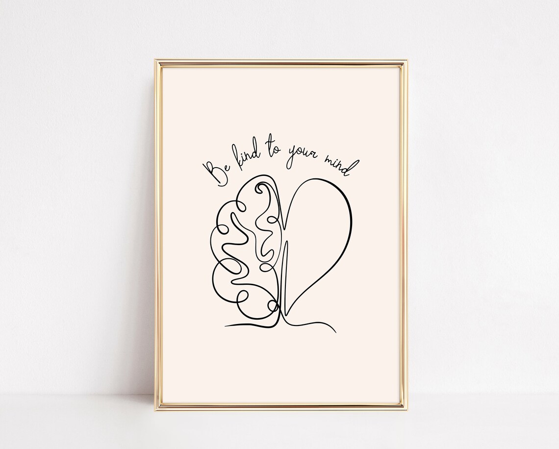 Be Kind To Your Mind Line Art Brain Heart Mental Health Poster