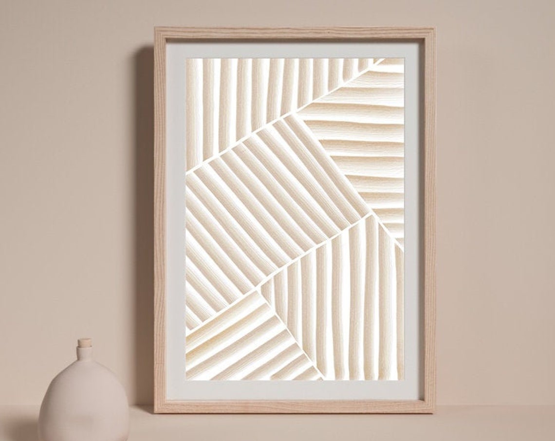 Beige Striped Leaf Vein Texture Geometric Minimalist Wall Art - Image 3