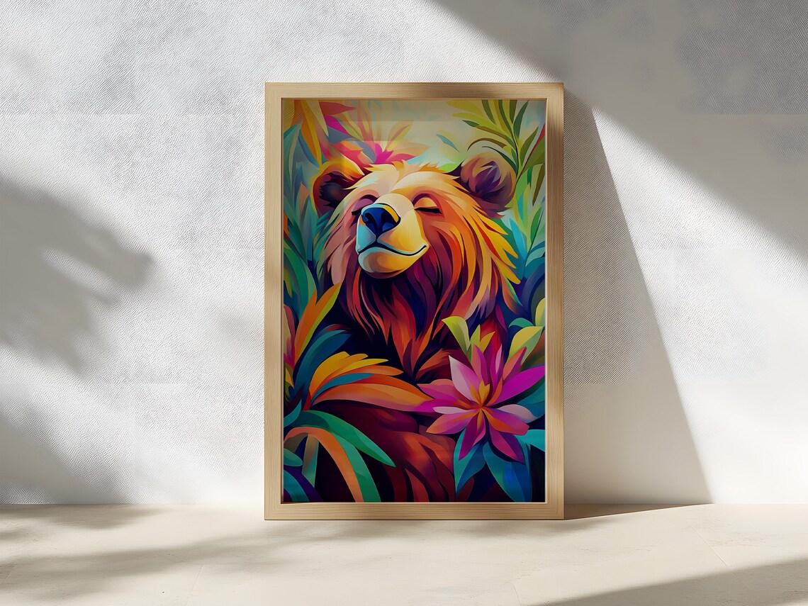 Smiling Brown Bear in a Tropical Flower Jungle Portrait Poster - Image 2
