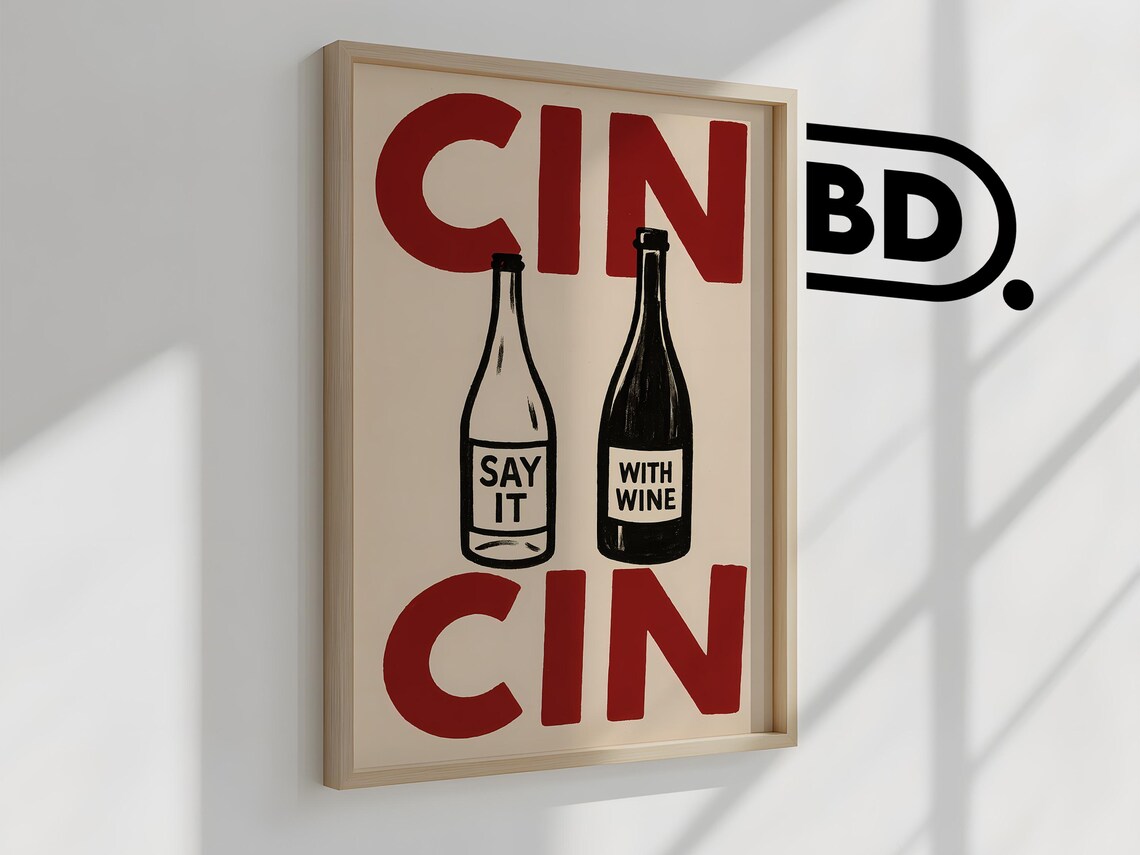 Cin Cin Wine Bottles With Bold Red Toast Lettering On Cream Poster - Image 2