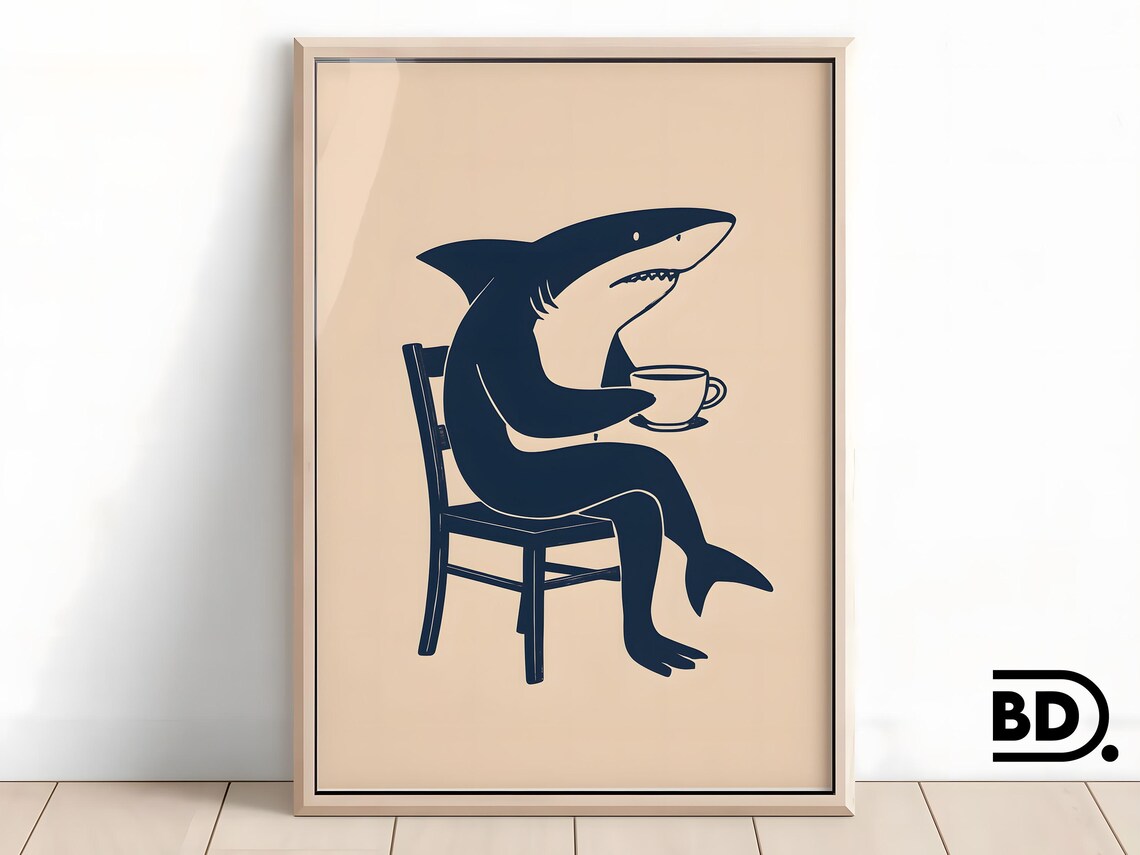 Shark Drinking Coffee Vintage Etching Style Quirky Kitchen Wall Art