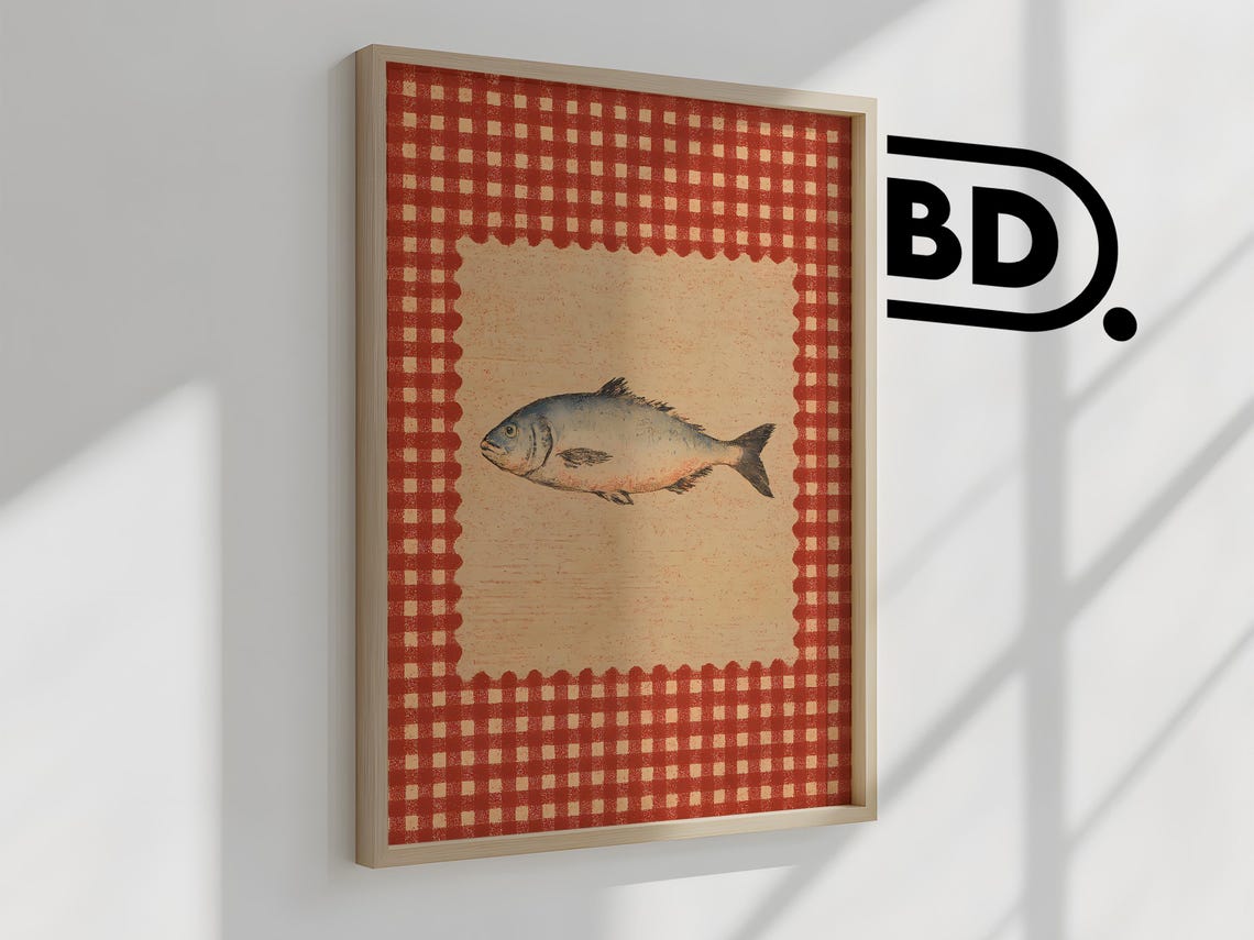 Sardine Fish Print Coastal Gingham Kitchen Wall Art Nautical Poster In Fishermancore Style Trendy Horizontal - Image 2