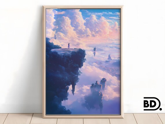 Fantasy Sky Art Print Ghibli Inspired Dreamscape With Whimsical Clouds Blue Purple Tones Magical Wall Decor For Cozy Spaces