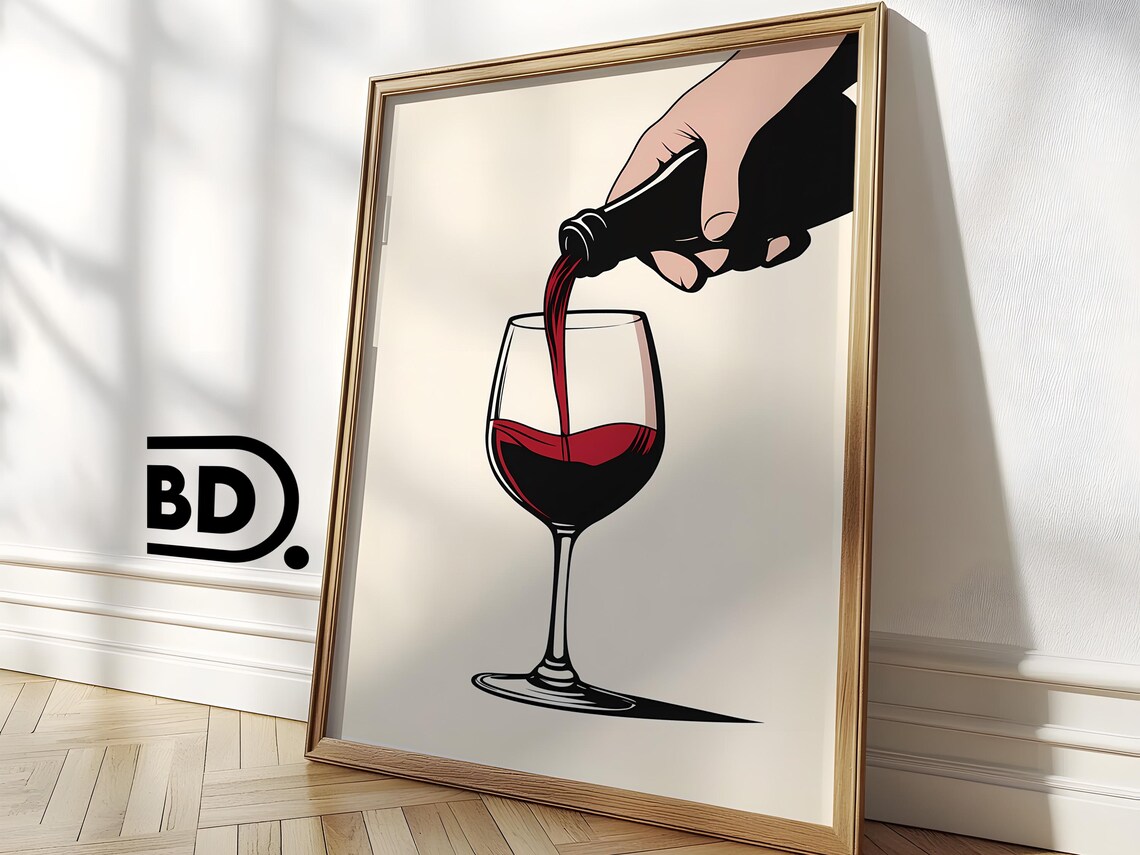 Red Wine Pouring Minimal Line Art Chic Bar Cart Decor Wall Print - Image 2