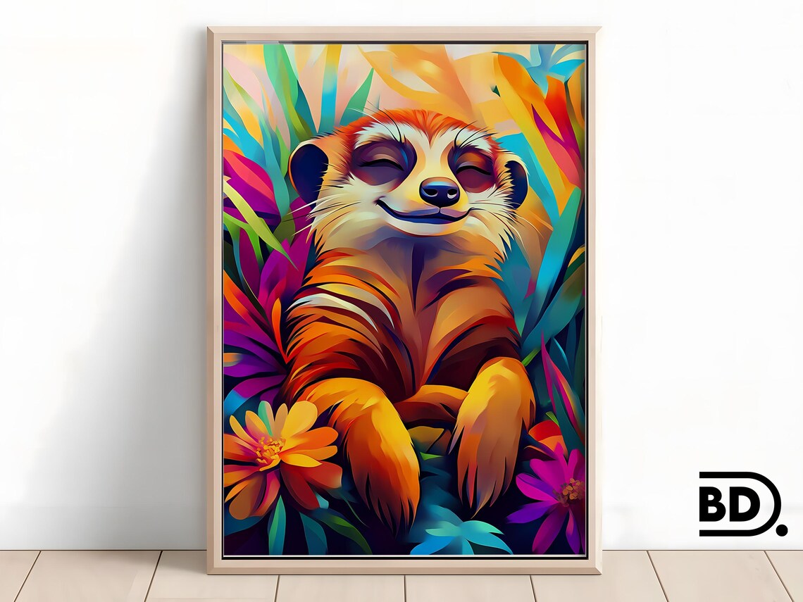 Smiling Meerkat Among Tropical Flowers Vibrant Animal Poster