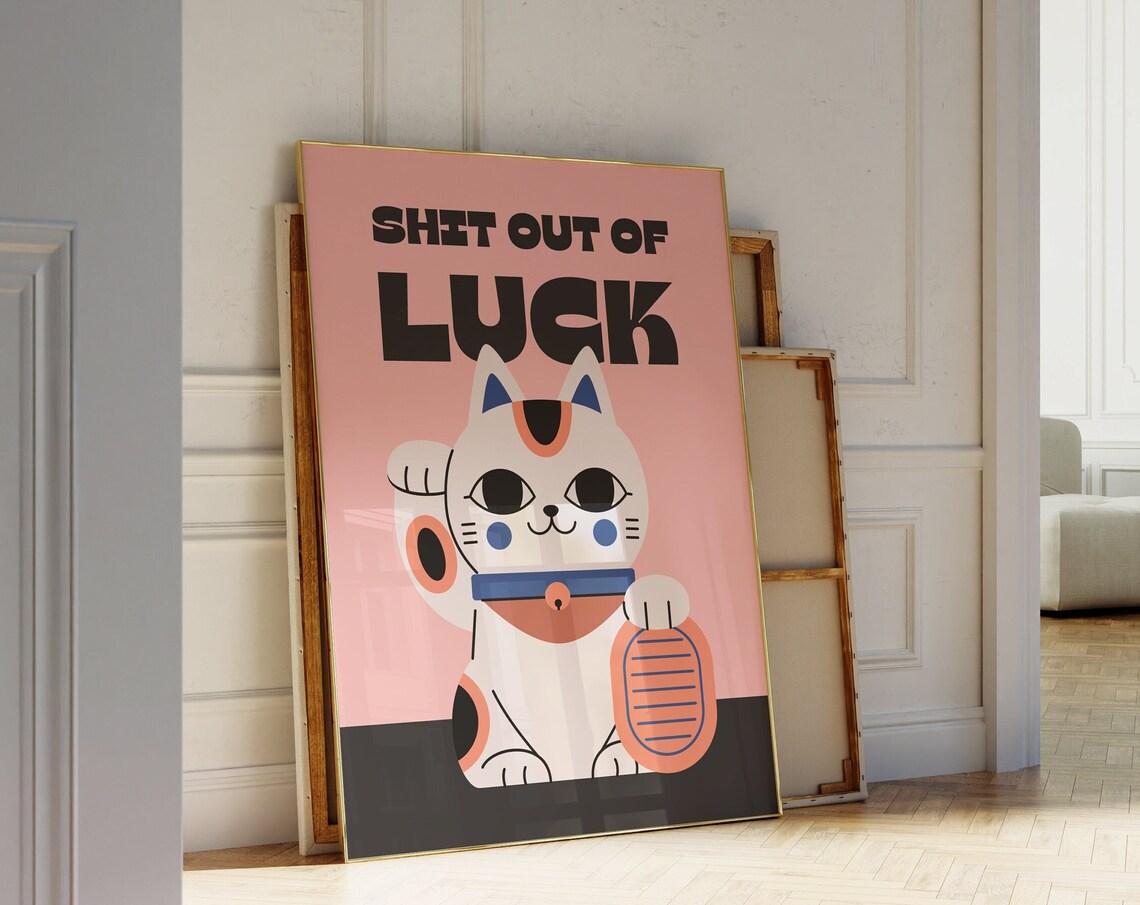 Lucky Cat Maneki Neko Retro Japanese Fortune Quote Wall Poster - Image 2