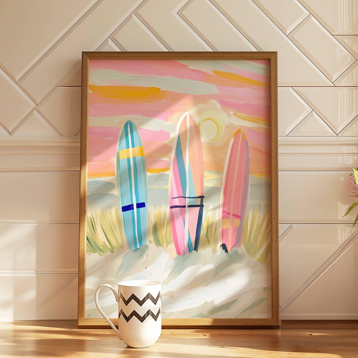 Pastel Surfboards Beach Poster Colorful Sunset Coastal Summer Scenic Art