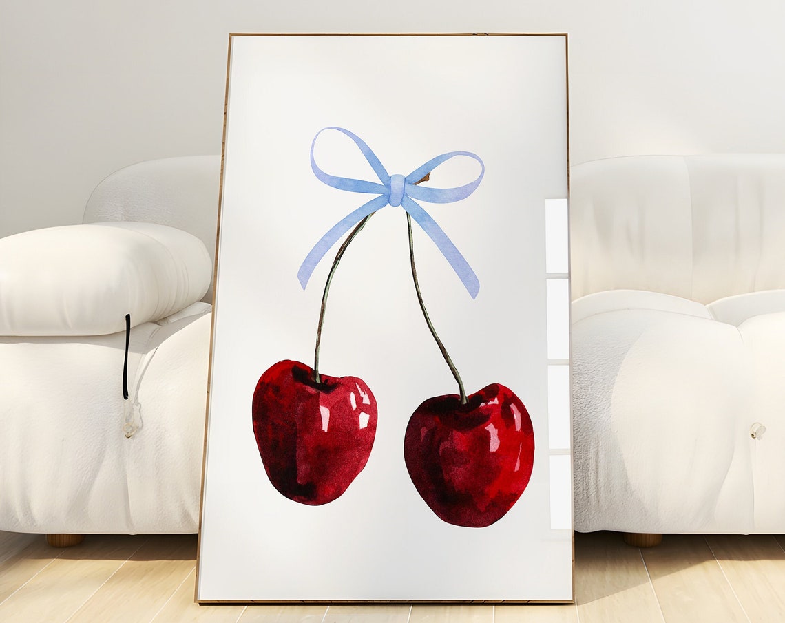 Sweet Glossy Red Cherry Pair Blue Ribbon Bow Coquette Poster - Image 3