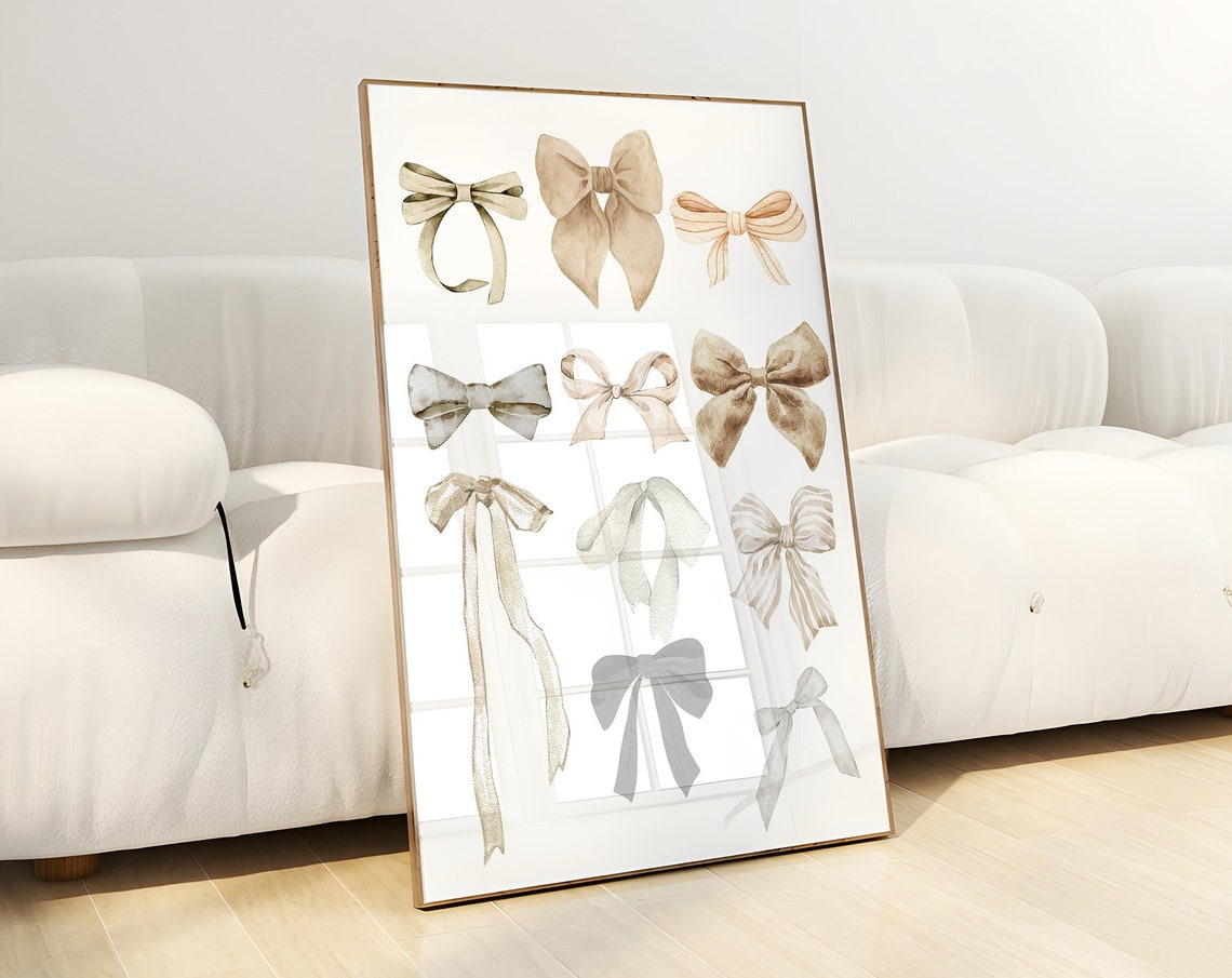 Neutral Watercolor Ribbon Bows Grid Elegant Nursery Wall Poster - Image 4