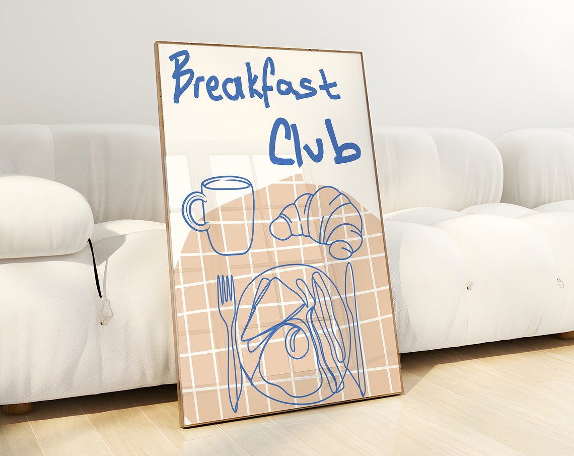 Breakfast Club Blue Line Art Croissant Coffee Morning Poster - Image 3