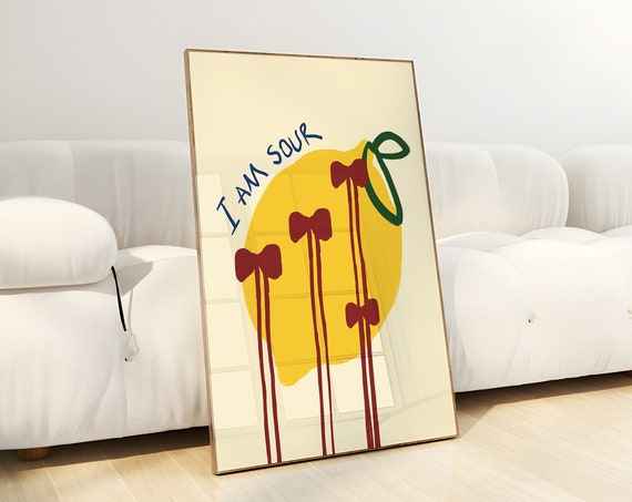 Lemon And Bow Art Hand Drawn Fruits Kitchen Decor Modern Dining Room Printlime Abstract Art Print Retro Lemons Kitchen Art Print