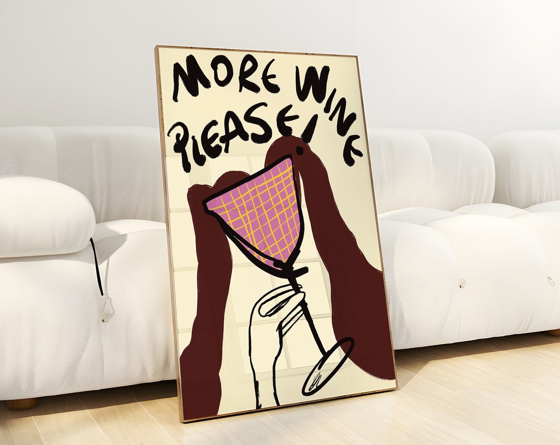 More Wine Please Hand Lettered Fun Wine Glass Bar Cart Poster - Image 4