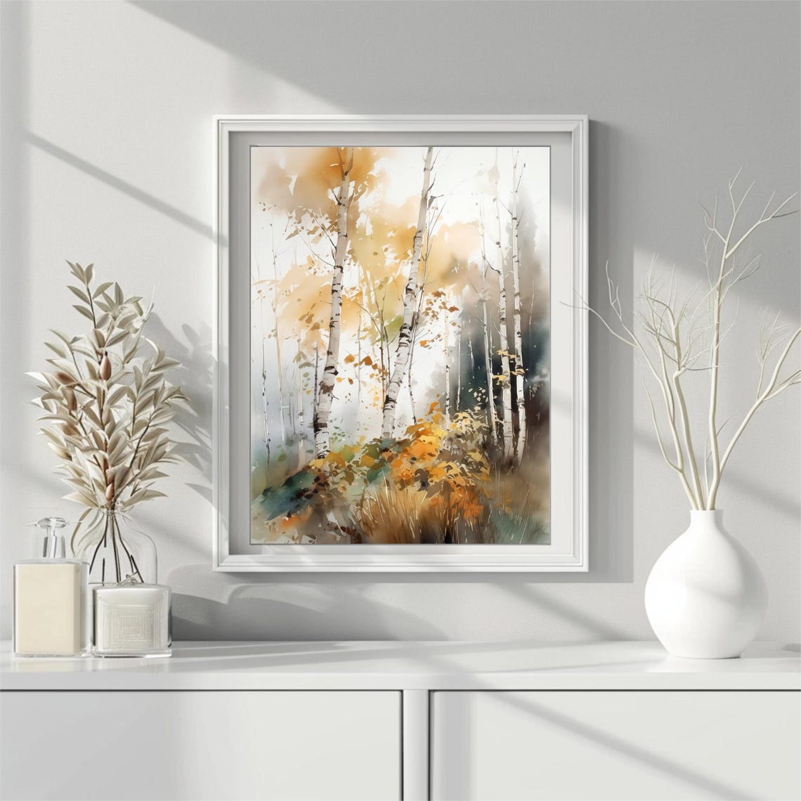 Golden Birch Trees Autumn Forest White Bark Watercolor Wall Art - Image 2